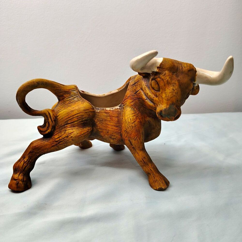 Napcoware Bull Cow Figurine Planter Brown with White Horns  Animal Figure
